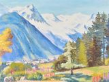 peinture représentant un tableau représentant un paysage de montagne avec des arbres et des fleurs