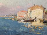 a painting of boats in the water near a building
