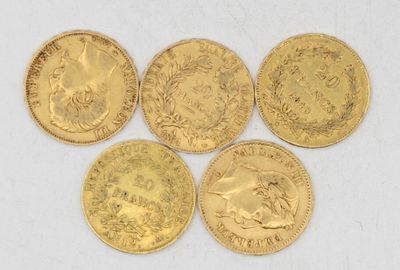 5 pièces de 20f or poids 32.05g LES BIJOUX, OBJETS ET EFFETS…