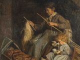 an image of a painting of a woman and two children knitting