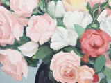 a painting of roses in a black vase on a table
