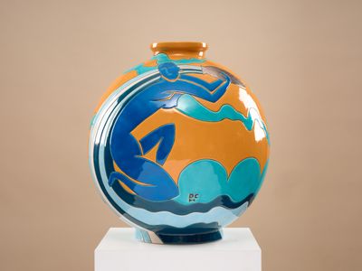 LONGWY "Verseau" Vase boule coloniale en faïence émaillée po…