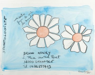 painting of two white flowers on a blue background with the words blind henry