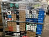 a cart with many boxes on top of it in a warehouse