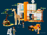 a giraffe that is standing in front of a building