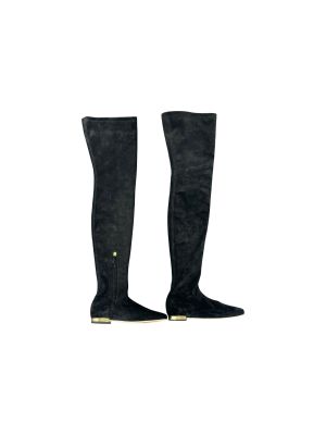 Bottes noires en daim montant au-dessus du genou, avec talon doré