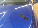 a close up of a blue car with a sticker on the hood