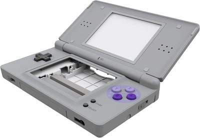 an image of a gray nintendo game console with a purple controller