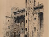 drawing of an old building with a clock tower in the middle of it