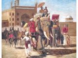 tableau représentant un groupe de personnes chevauchant un éléphant