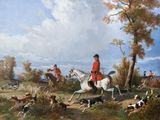 painting of a painting of a man on a horse with a bunch of dogs in the foreground