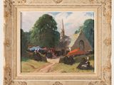an oil painting of a village scene with a church in the background