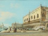 painting of a view of a city with a bridge and buildings