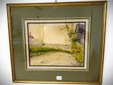 painting of a dirt road in a frame on a wall