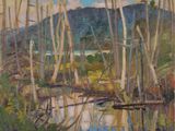 une peinture à l'huile représentant une rivière entourée d'arbres dans une forêt