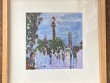 painting of a street scene with people walking in the rain