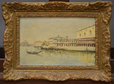 an oil painting of a boat on a river in front of a building