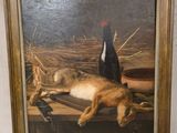 une peinture à l'huile représentant un chat allongé sur une table, à côté d'un oiseau