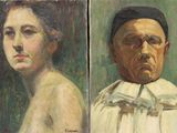 two paintings of a man and a woman are shown side by side