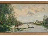 tableau représentant une scène fluviale avec un bateau au premier plan et une maison au loin