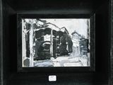 a black and white painting of a train on the tracks