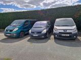 Trois petites voitures sont garées sur un parking à côté d'une haie.