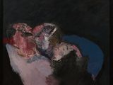 tableau représentant un couple s'embrassant sur un coussin bleu dans une pièce sombre