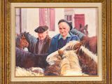 une peinture à l'huile représentant deux hommes debout à côté d'un groupe de chevaux