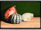a painting of three different types of pumpkins on a table