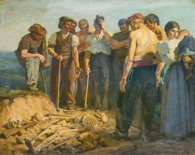 un tableau représentant un groupe de personnes rassemblées autour d'un squelette