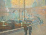 painting of two people walking down a street with boats in the background