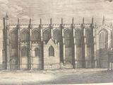 drawing of a large building with a clock on the top of it ' s tower