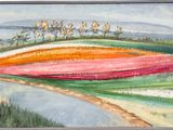 une peinture à l'huile représentant un champ de fleurs avec un sentier au premier plan