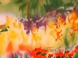 a watercolor painting of a field of red flowers