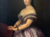 painting of a woman in a pink dress sitting on a red chair