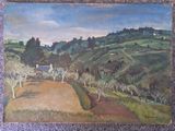 un tableau représentant un paysage avec des arbres sur une colline
