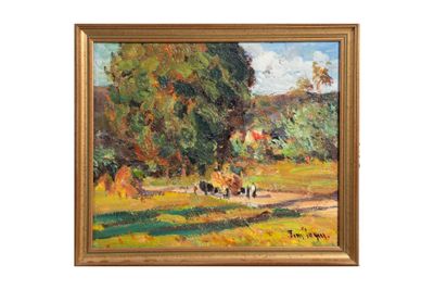 une peinture à l'huile représentant des vaches paissant dans un champ près d'un arbre