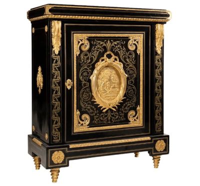 an image of a black and gold cabinet with a clock on it