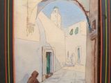 painting of a man sitting in an alley with a building in the background