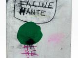 graffiti on a white wall with a green hat on top of it