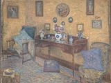 un tableau représentant une pièce avec un bureau et une chaise
