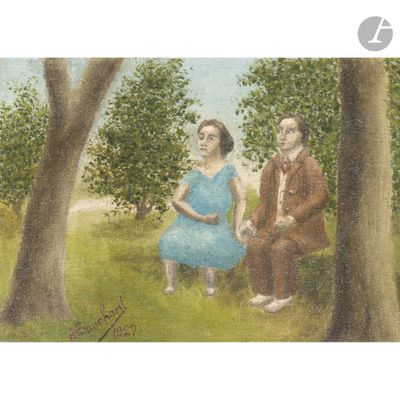 painting of a man and a woman sitting on a bench in a park
