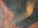 an oil painting of a woman in a red dress and a black hat