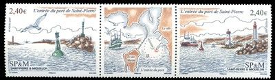 trois timbres sur lesquels figurent un bateau et un phare