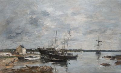 un tableau représentant des bateaux sur l'eau près d'une rive