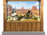 une vitrine sur laquelle est représenté un paysage désertique