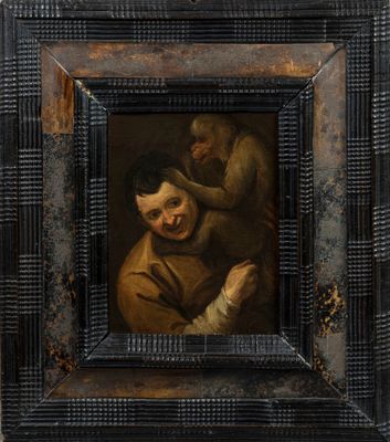 un vieux tableau représentant un homme tenant un singe dans ses bras