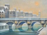 a painting of a bridge over a river with buildings in the background