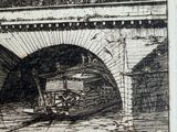 a drawing of a train going under a bridge