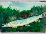 a painting of a fish that is on a piece of wood